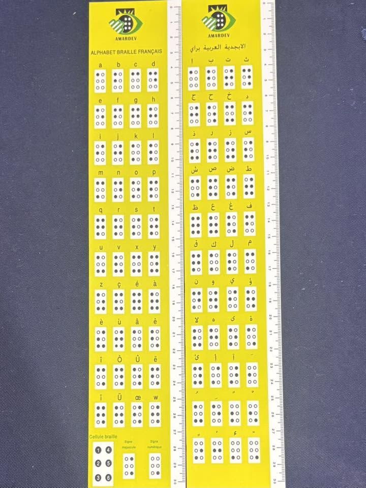 Réglette de référence AMARDEV présentant l'alphabet braille français et l'alphabet braille arabe, lettre par lettre